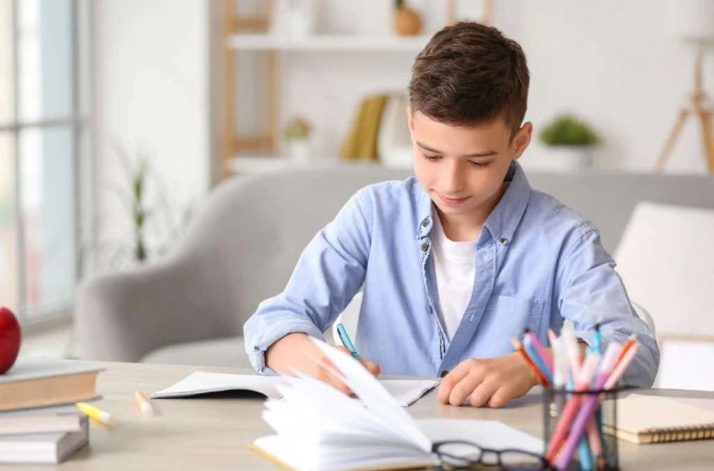 Boy studying at desk with books.